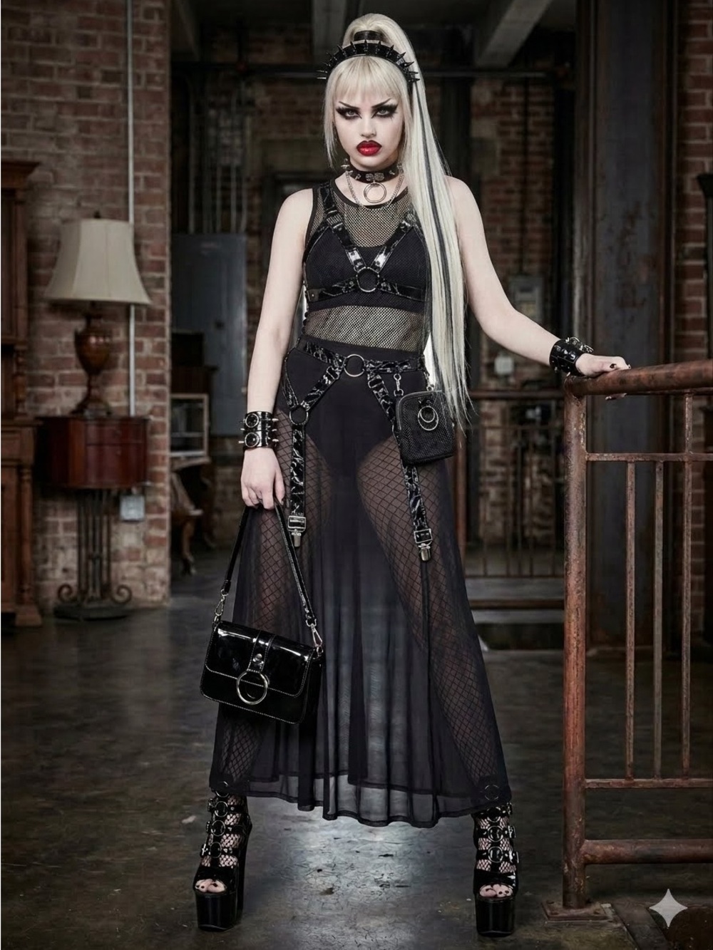 Killstar Black Sheer Mesh Maxi Skirt with Harness Accents